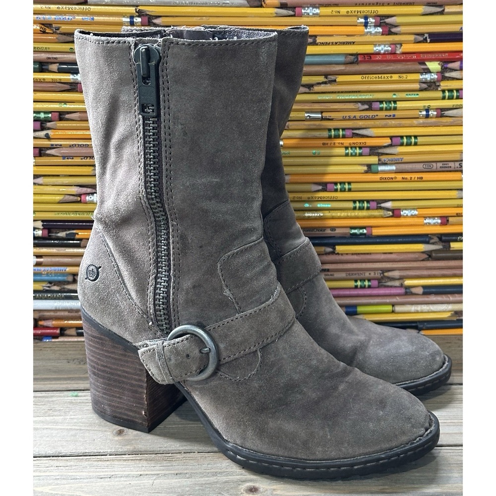 Born Suede Double Zip Boots Women's 8.5 / 40 Taupe Buckles Heeled